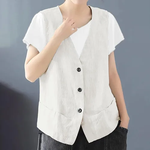 Miniatura 2 de COTECRAM Chaleco de lino de algodón para mujer, casual, sin mangas, con botones, ligero, para verano, holgado, ropa de abrigo