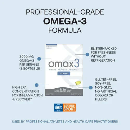 Miniatura 3 de Omax3 Aceite de pescado omega-3 ultra puro de fuerza profesional, 1000 mg, soporte máximo para articulaciones y músculos, EPA DHA, certificado NSF