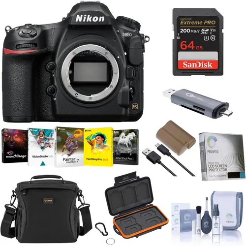 Nikon Cámara D850 DSLR - Paquete con tarjeta SDXC U3 de 64 GB, funda para cámara, batería de repuesto, kit de limpieza, billetera de memoria, lector