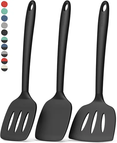 Coukre Juego de 3 espátulas de silicona, resistentes al calor, sin BPA, espátula de pescado, espátula sólida y ranurada para sartenes negro puro