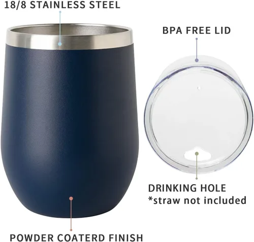 Miniatura 2 de COMOOO Vaso Térmico de Vino de Acero Inoxidable Paquete de 4 con Tapa y Pajita 12oz Doble Pared con Aislamiento al Vacío Vaso Térmico Copa para Azul