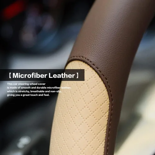 Miniatura 2 de Funda para Volante, Costura de Cuero de Microfibra con Grabado Clásico, Funda Antideslizante de Volante de Auto de Colores Contrastantes, Café