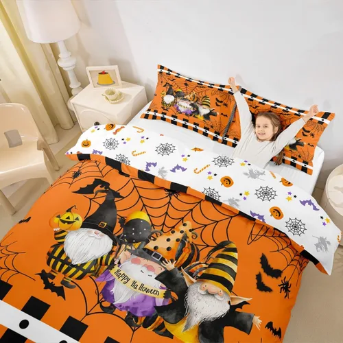Miniatura 3 de Manfei Juego de funda de edredón de gnomos lindos tamaño individual, juego de ropa de cama con temática de Halloween, 2 piezas para decoración