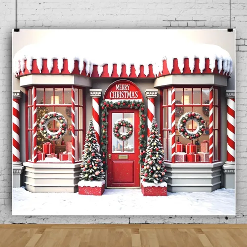 Miniatura 9 de Telón de fondo de ventana de Navidad país de las maravillas 10x8 pies árbol de Navidad rojo para niños fotografía invierno nevado fondo de foto