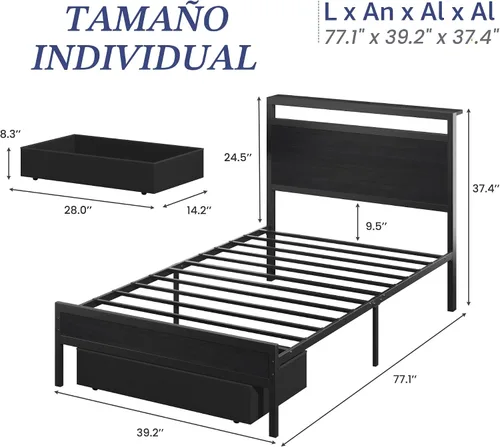 Miniatura 2 de Fluest Base de cama individual, base de cama individual con cabecera de almacenamiento y cajón de almacenamiento, estación de carga y luz LED,