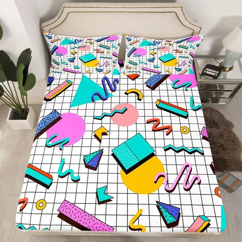 Miniatura 2 de Manfei Memphis - Juego de sábanas tamaño matrimonial, juego de sábanas retro de los años 80 o 90, estilo geométrico de la moda, 4 piezas con sábana