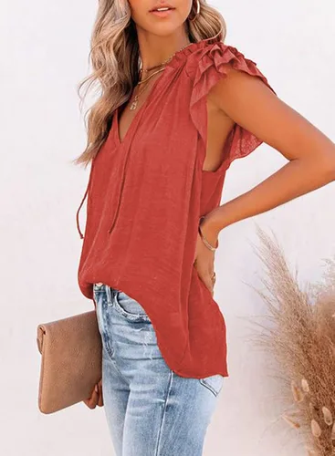 Miniatura 3 de Dokotto - Blusas informales con cuello en V para mujer diseño de manga corta con cordón ajustable