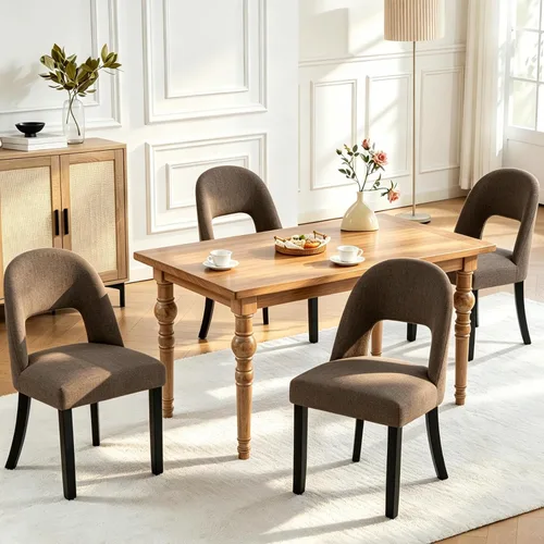 Miniatura 18 de Juego de 2 sillas de comedor de madera, modernas sillas de comedor tapizadas para cocina con tela de lino y respaldo abierto, patas de madera