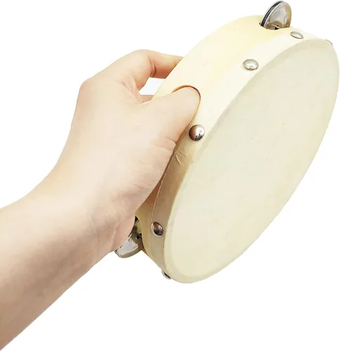 Miniatura 4 de Tosnail Paquete de 2 unidades de tambor de mano de pandereta de madera de 7 pulgadas, una fila 5 pares de jingles de metal, instrumentos musicales