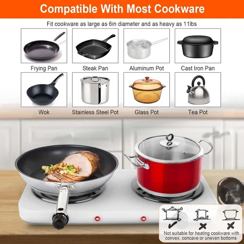 Miniatura 7 de Quemador doble de 2000 W, placa eléctrica para cocinar estufa de cocina portátil, quemador de encimera para cocina, dormitorio, control de Negro