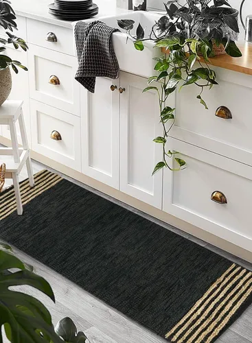 Miniatura 2 de GRUHUM Alfombra de pasillo de yute 2'6" x 8' pies, fibra natural, negra, rectangular, de yute, cuero, tejida a mano, estilo bohemio, para casa