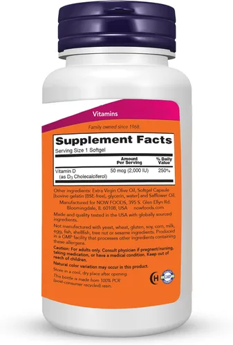 Miniatura 2 de NOW Foods - Vitamina D-3 2000 UI de alta potencia, soporte estructural* 360 cápsulas blandas