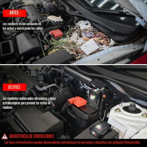 Miniatura 5 de Repelente ultrasónico de roedores para motor de automóvil, repelente de animales bajo el capó con luz estroboscópica intermitente, mantiene a