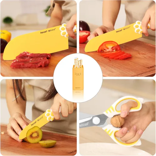 Miniatura 6 de hecef Bonito juego de cuchillos de cocina, aptos para lavavajillas, juego de 5 cuchillos no resistentes con bloque desmontable y tijeras, cuchillos