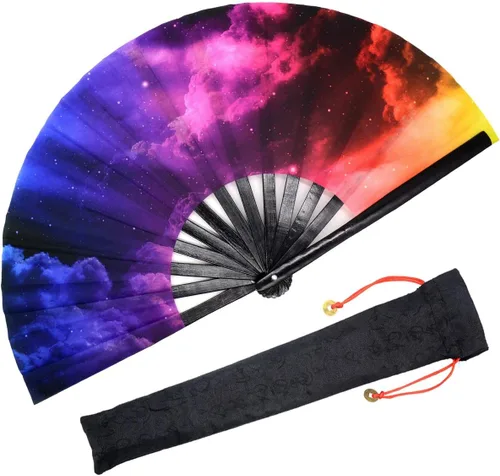 Miniatura 17 de OMyTea Ventilador de mano plegable grande Rave Clack para hombres y mujeres, ventilador de mano de bambú chino japonés - para EDM, festival de Aurora