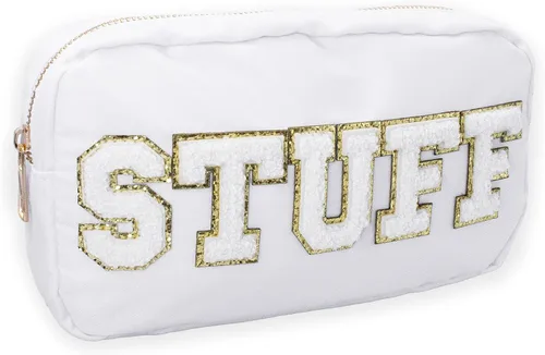 Miniatura 12 de Fablinks Bolsa de cosméticos de nylon rosa con parches de letras de chenilla