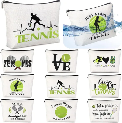 Pinkunn 9 piezas de regalos de tenis para mujeres, bolsa de maquillaje de tenis, bolsa de accesorios de tenis, bolsa de viaje con cremallera para