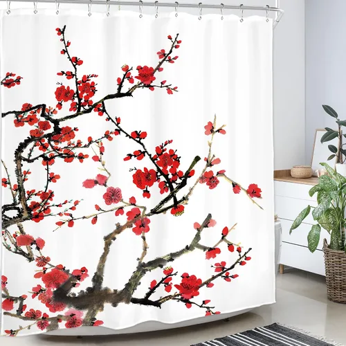 Miniatura 5 de Cortina de ducha floral roja para baño, 60 pulgadas de ancho x 72 pulgadas de largo, flor de cerezo, ciruela, estética asiática, japonesa, acuarela
