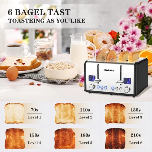 Miniatura 3 de Tostadora de 4 rebanadas, tostador de panecillos de acero inoxidable KitchMix con temporizador LCD, ranuras extra anchas, pantalla dual, bandeja