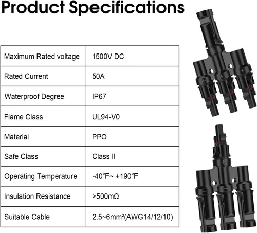 Miniatura 2 de Conectores solares en T 3 a 1 adaptador paralelo para panel solar, 1 par Solar Y Splitter,Quick-Connect, 1 M to 3 F and 1 F to 3 M, IP67