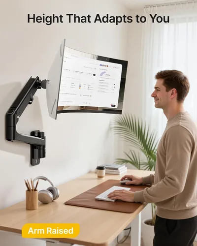 Miniatura 8 de monTEK Soporte de pared para monitor para pantallas ultraanchas de 17-57" hasta 59.4 libras, brazo de monitor individual de resorte de gas
