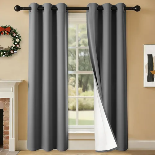 Miniatura 25 de 2 paneles de cortinas 100% opacas, cortinas ligeras con aislamiento térmico con ojales para dormitorio, sala de estar, tratamiento de ventana