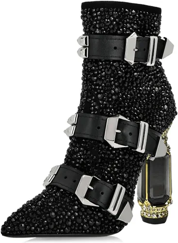 Miniatura 154 de FSJ Botas de tacón alto con punta puntiaguda para mujer, con tacón alto, con cremallera lateral brillante, estilo casual, para uso diario, zapatos