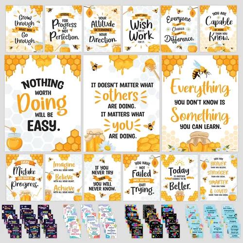 Decorably 15 pósteres motivacionales de abeja para aula, 11 x 14 pulgadas, laminado mate, decoración inspiradora de abejas – tablones de anuncios,