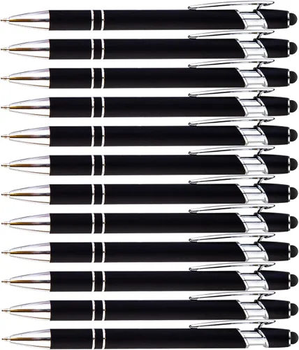 Miniatura 5 de PASISIBICK Bolígrafo negro de 12 piezas con punta de lápiz capacitivo, 2 en 1, elegante bolígrafo de metal para pantalla táctil, tinta negra, punta