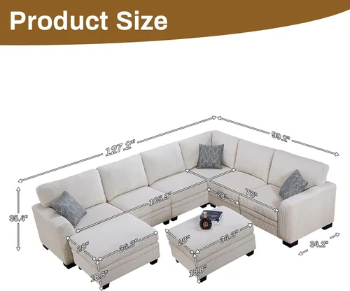 Miniatura 2 de Legend Vansen Sofá Seccional Modular de Gran Tamaño, Sofá en Forma de U de 8 Asientos con Otomana, Sofá de Pana con Asiento Profundo, Sofás Crema