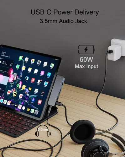 Miniatura 4 de Adaptador Hub USB C para iPad Pro 2024 M4 M2 M1, Hub 7 en 1 con HDMI 4K@60Hz, Jack 3.5mm, USB 3.0, PD 60W, Ranura para Tarjeta SD/TF, Accesorios 7