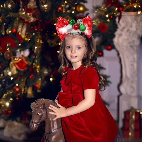 Miniatura 8 de Ecuupas Diadema de Navidad con lazo para el pelo, color rojo, brillante, verde, campana, diseño de tocado para mujeres, niñas, niños, invierno