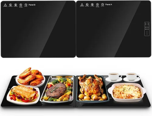 Tapete de calentamiento eléctrico para alimentos de 32 x 12 pulgadas, parte superior de vidrio templado, bandeja calentadora de alimentos para