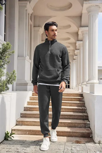 Miniatura 4 de COOFANDY Conjunto deportivo de 2 piezas para hombre, ajuste relajado, con media cremallera, para correr