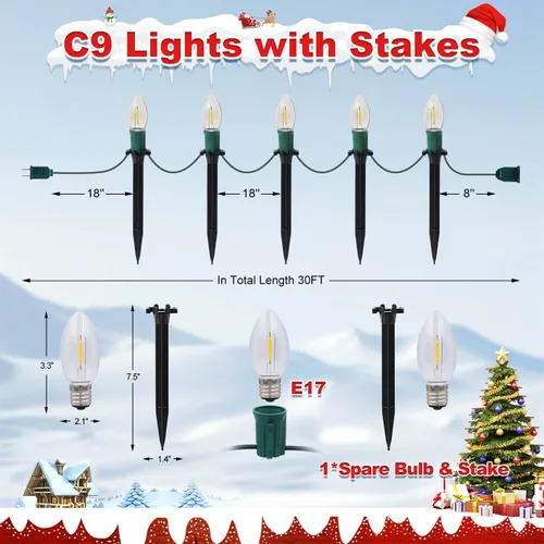Miniatura 4 de USOKYO 20 bombillas LED C9 de 30 pies, luces LED de Navidad para exteriores, bombillas LED blancas cálidas, impermeables, conectables, luces