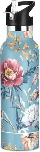 Miniatura 24 de Flores de otoño, tulipán, narciso, gladiolo, azul, doble pared, aisladas al vacío, botellas de agua con pajitas, a prueba de fugas, sin BPA, a