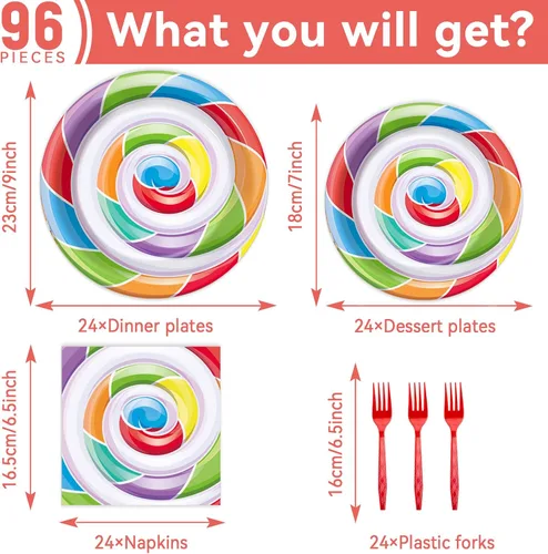 Miniatura 2 de Juego vajilla 96 piezas de suministros para fiesta de Candyland, 24 invitados, platos de postre y servilletas de piruleta decoración fiesta niños
