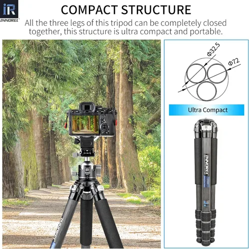 Miniatura 4 de Trípode de fibra de carbono-INNOREL CT85C - Trípode de viaje portátil profesional compacto para cámara de video digital DSLR, carga de 55.1 lb/25