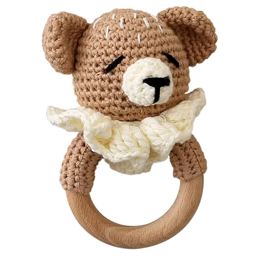 Sonajero de madera para bebés,Sonajero de oso de ganchillo con anillo de madera, Juguete de sonajero de animales de madera recién nacidos,Juguetes