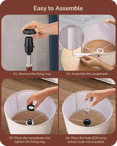 Miniatura 5 de EDISHINE Lámpara de mesa de mediados de siglo, lámpara de noche con interruptor de cadena con pantalla de lino, poste de madera maciza y base