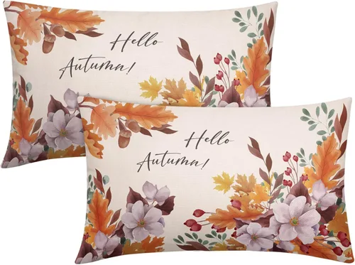 Miniatura 10 de Juego de 2 fundas de almohada de hojas otoñales naranjas otoñales de 20 x 20 pulgadas, diseño de hojas florales de Acción de Gracias, juego de 2