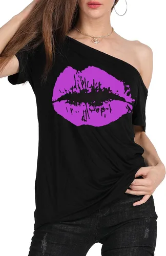 Miniatura 60 de MAGICMK - Camiseta casual para mujer, con estampado de labios y hombro descubierto, talla extragrande