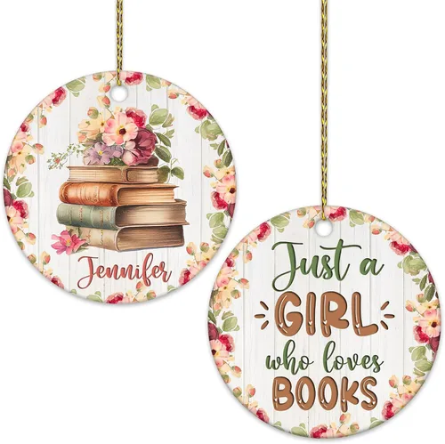 Hyturtle Adorno de Navidad personalizado para amantes de los libros, adorno de cerámica con nombre personalizado de Just A Girl Who Loves Bookworm