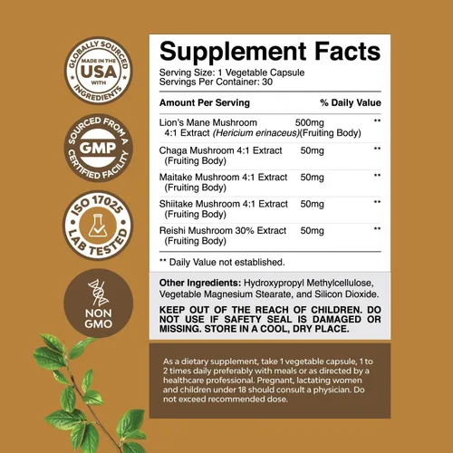 Miniatura 3 de Suplemento avanzado de hongo melena de león – Cápsulas de suplemento de melena de león con Reishi Chaga Maitake y Shiitake para la salud cerebral