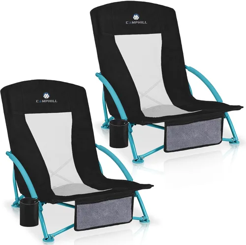 Paquete de 2 sillas de playa bajas, sillas de asiento bajas plegables compactas para adultos con respaldo de malla, portavasos y bolsa de