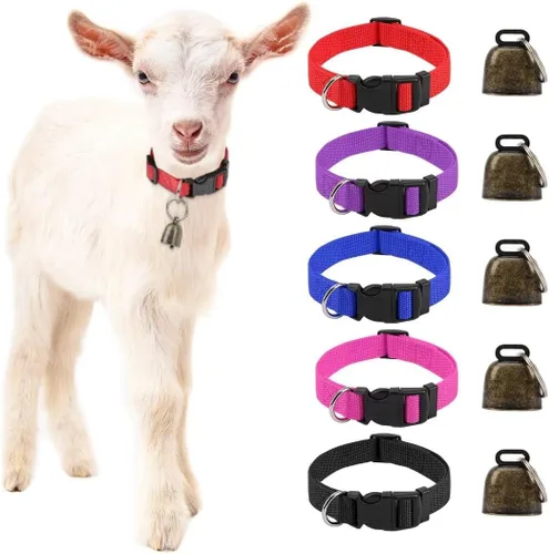 Miniatura 8 de Paquete de 5 collares reflectantes de cabra con campanas, caballo, oveja, pastoreo, campanas de cobre y collar de nailon ajustable, campanas