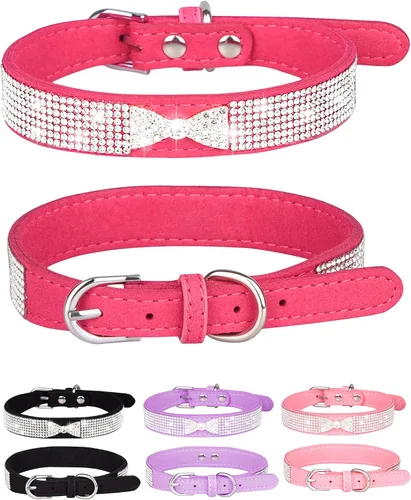 Miniatura 20 de Collar de perro para perros pequeños, collares ajustables de cuero de gamuza para perro, collar de perro rosa para gato, collar de perro