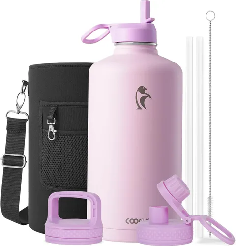 Miniatura 83 de Coolflask Botella de agua de 20 onzas aislada con pajilla, 3 tapas de metal de acero inoxidable, botella de agua de boca ancha para deportes u