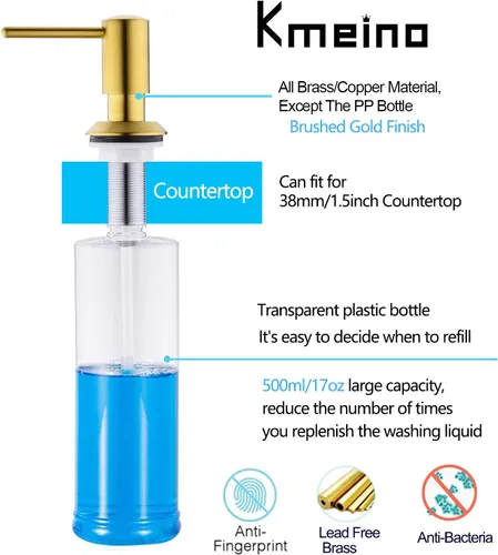Miniatura 6 de Dispensador de jabón dorado para fregadero de cocina, dispensador de jabón integrado de latón, cabezal de bomba de oro cepillado, loción líquida