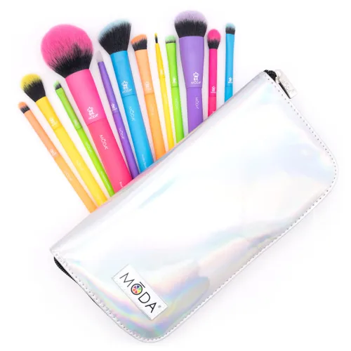 Miniatura 2 de MODA Juego de 13 brochas de maquillaje totalmente eléctricas, pinceles de neón coloridos con estuche de viaje holográfico, kit vegano de cara